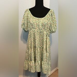 Green Floral Puff-Sleeve Midi Dress